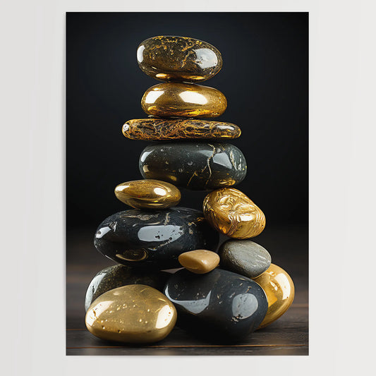 Gold Zen Stones No 4 - Abstract Art - Perfectly Stacked Stones - Poster